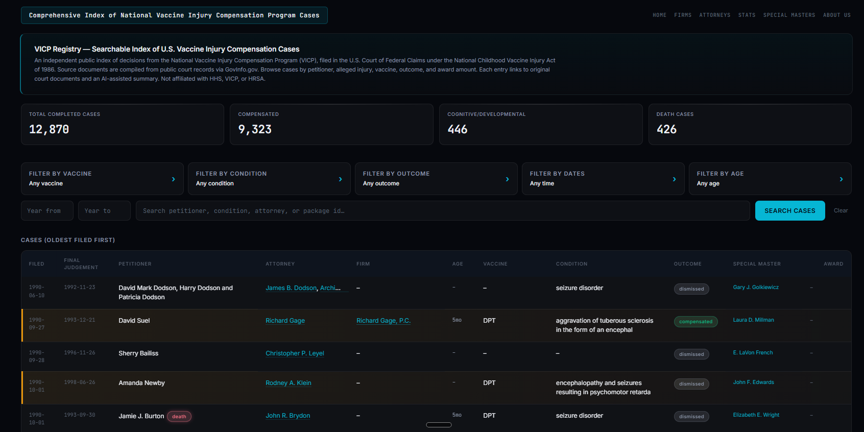 Screenshot of the VICP Registry website, a searchable index of vaccine injury compensation cases
