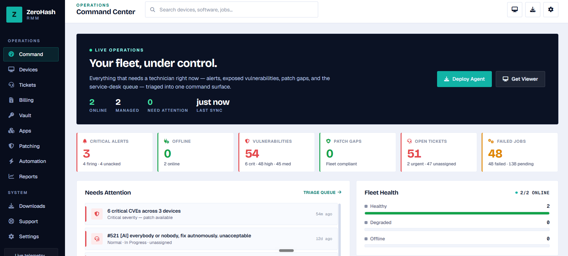 Screenshot of the ZeroHash RMM command center dashboard